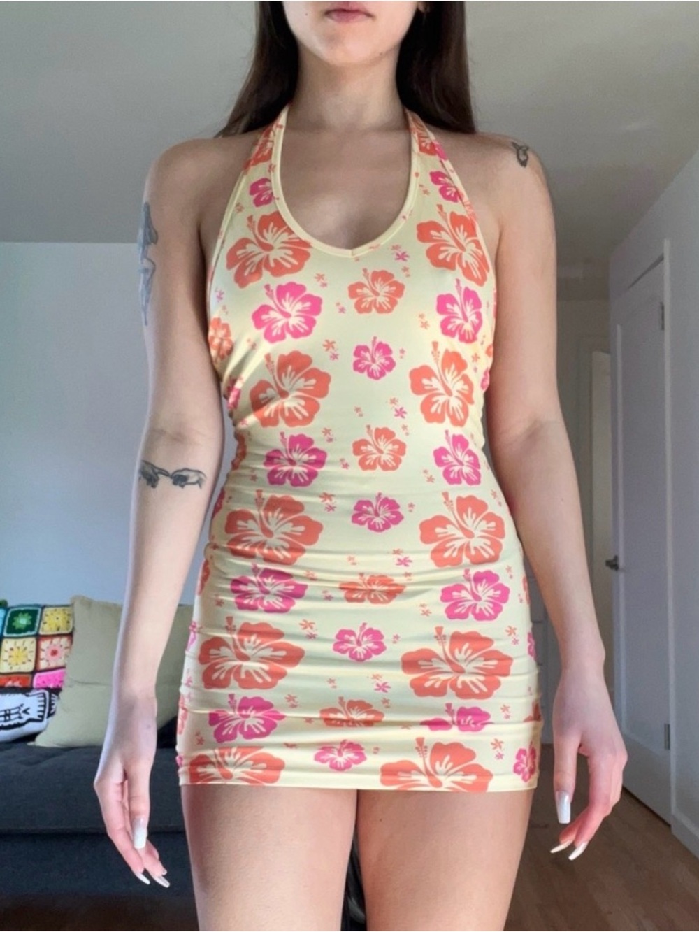 Pepper Mayo Yellow Hibiscus Halter Mini Dress 🌺✨ Tropical Summer Bodycon